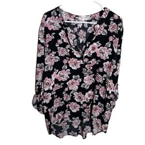 Bailey + Chloe Blouse Women's Large Floral V-Neck 3/4 Sleeve Watercolor Boho Top